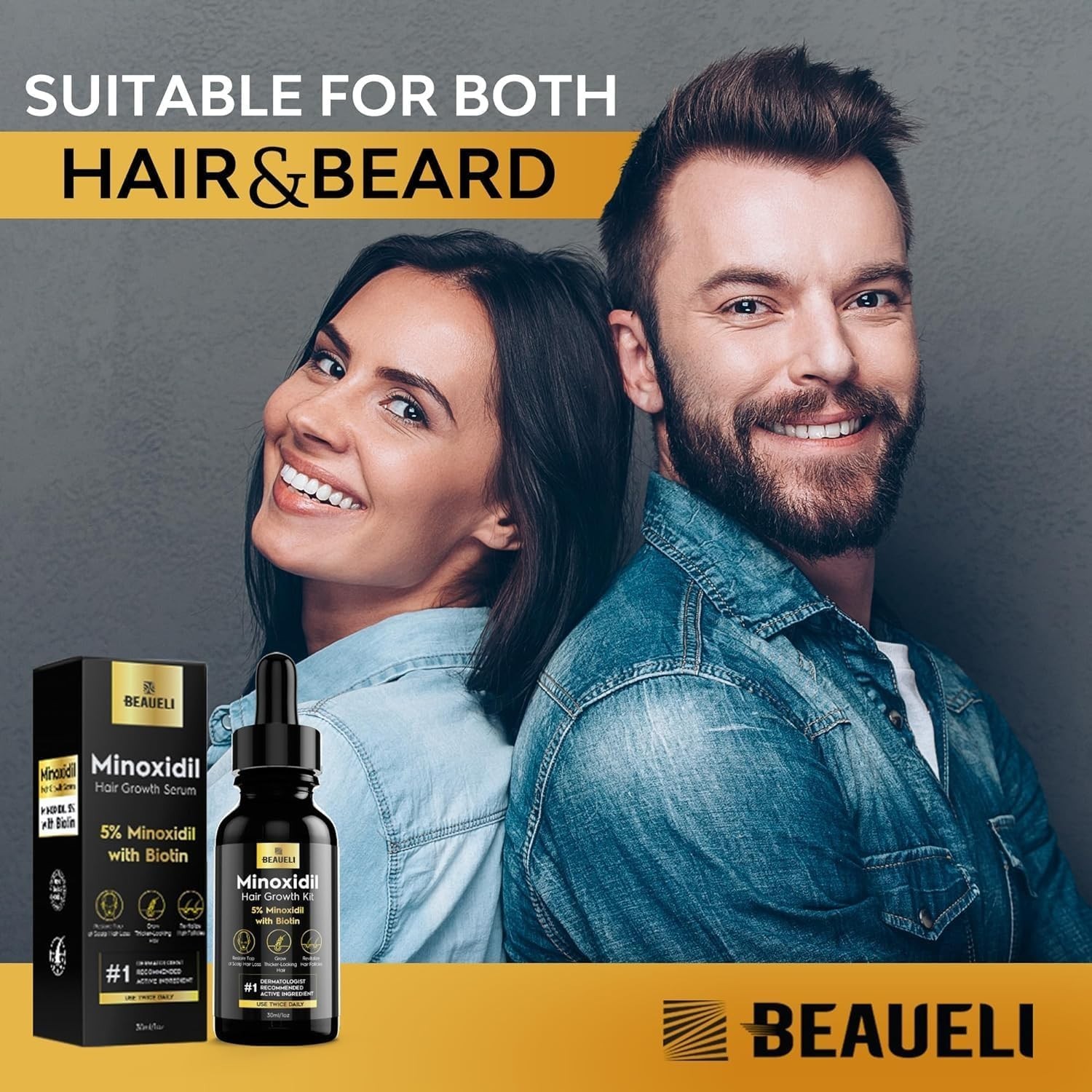 Beard Growth Kit for Men & Women – Minoxidil 5% Hair Regrowth Treatment, Black