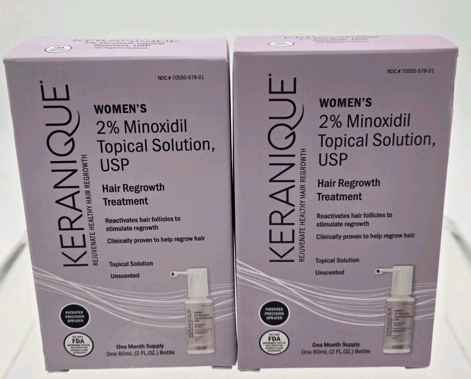 Lot of 2 Keranique 2% Minoxidil Hair Regrowth Topical Solution 2 Bottles Total