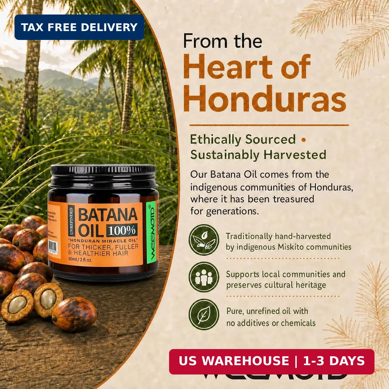 WEEMOTD 100% Raw Batana Oil for Hair from Honduras, 2 Fl Oz, Bright Coffee | Moi