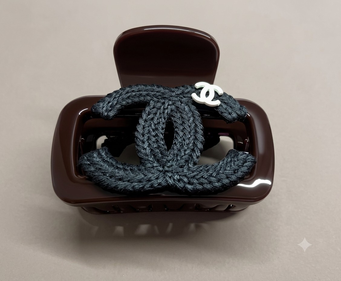 Hair Claw Clip Brown Plastic w/ Black Braided Detail & White Logo