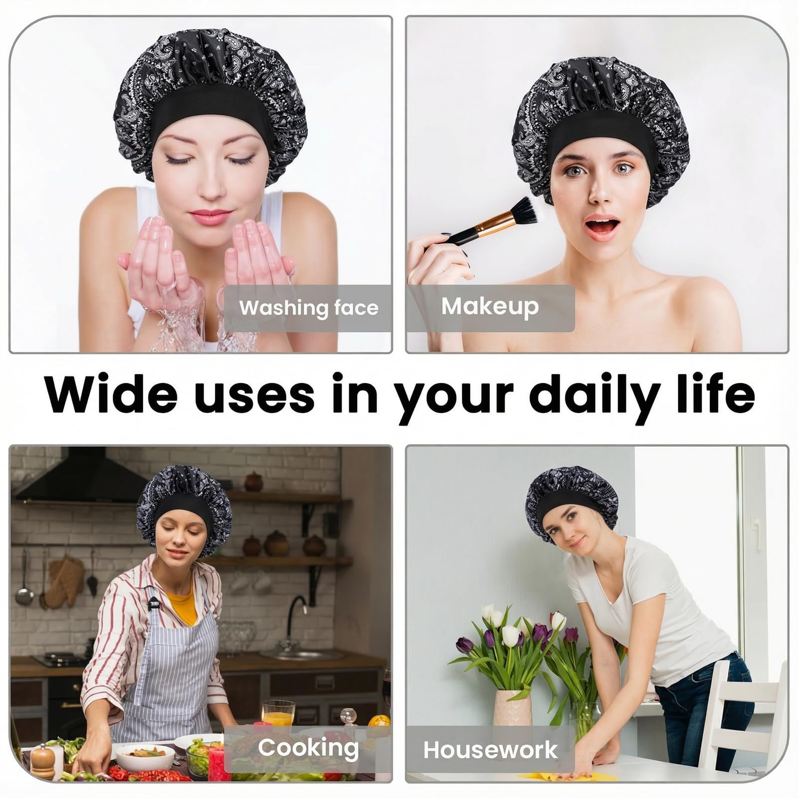 WLLHYF Silk Bonnet for Men, Satin Elastic Band One Size, Amoeba Black