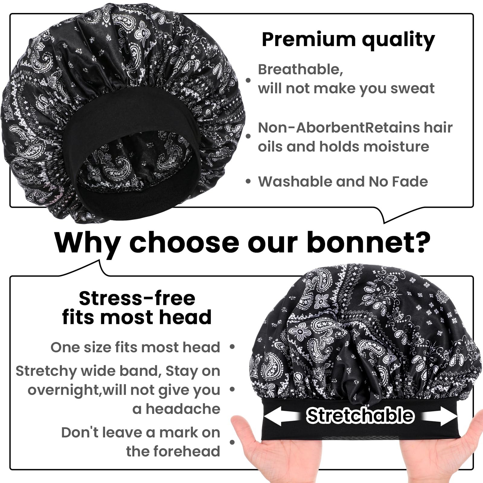 WLLHYF Silk Bonnet for Men, Satin Elastic Band One Size, Amoeba Black