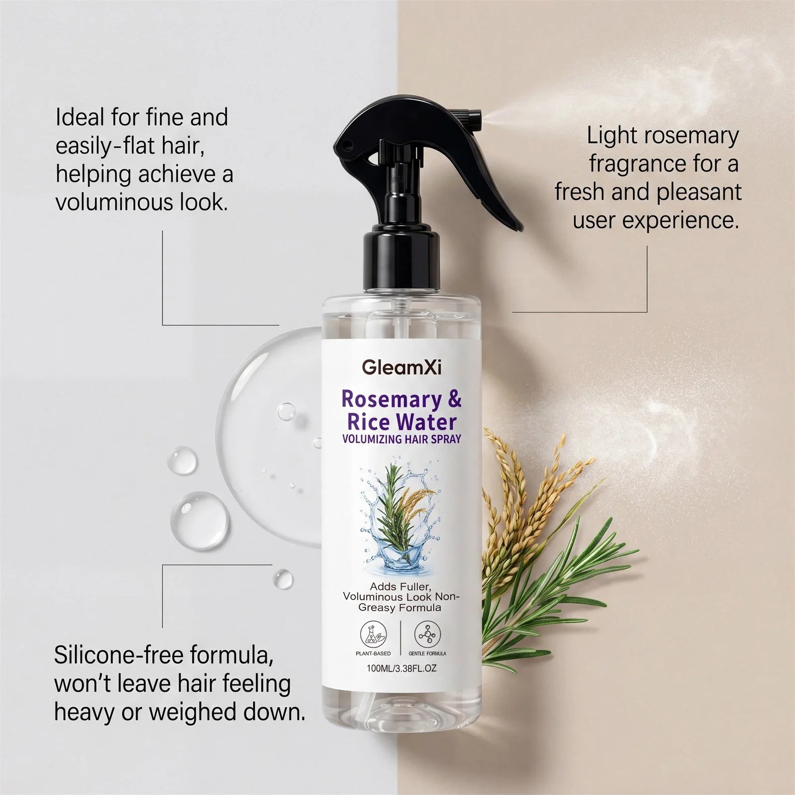 Rosemary & Rice Water Hair Growth Spray Volumizing Hair Mist 100ml Non Greasy