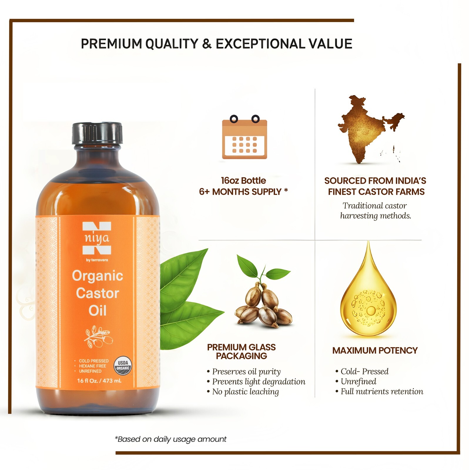 Organic Castor Oil Cold Pressed,Hexane Free Unrefined-Glass Bottle & Pump 16oz