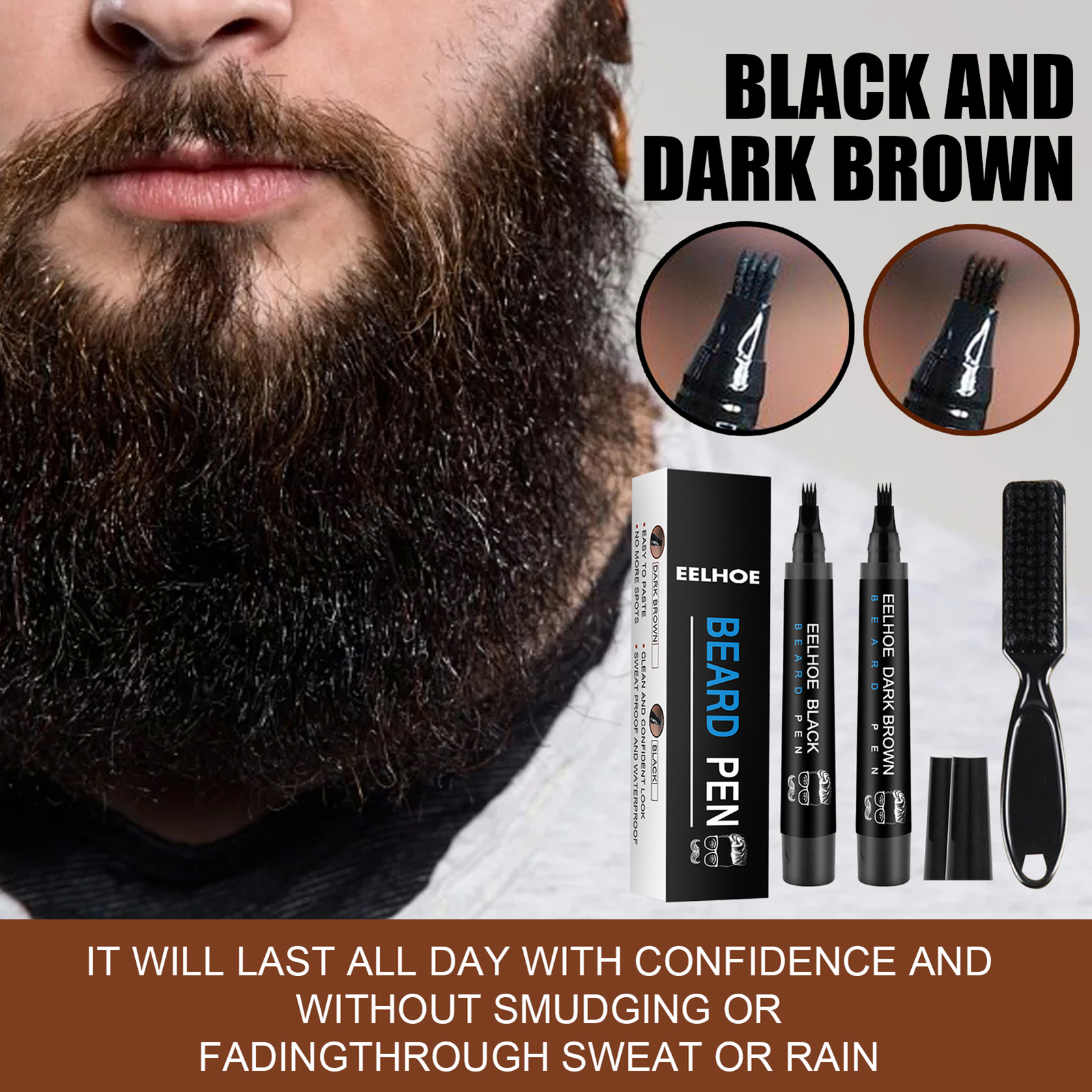 2 × Men Beard Filling Pen Hair Grower Filler Moustache Eyebrow Brush Tool Kit US