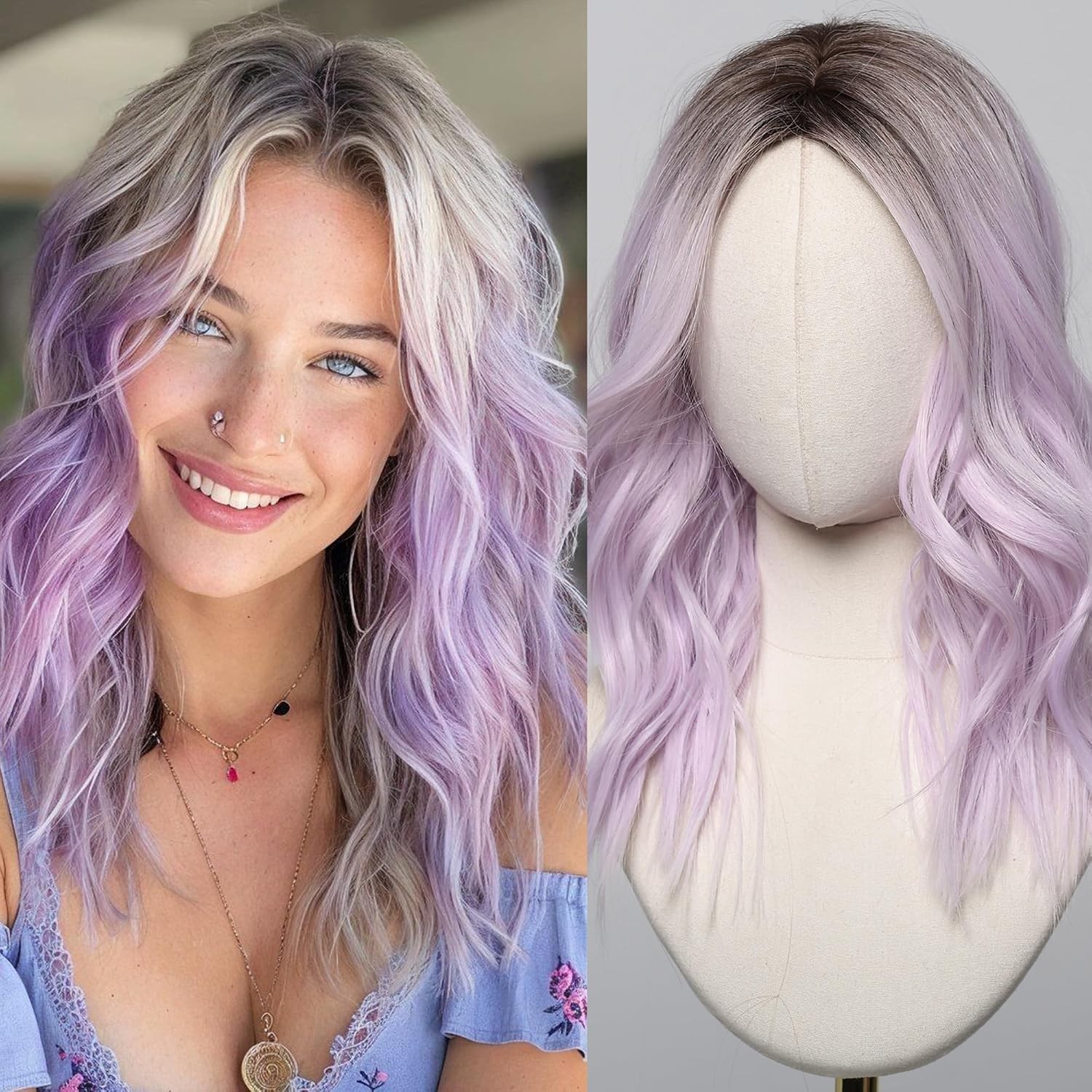 Purple Wig Medium Length Lavender Wigs for White Women Middle Part Bob Wig