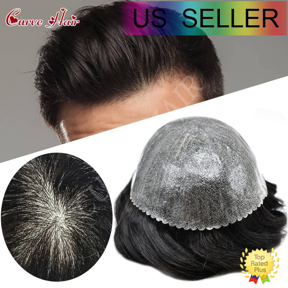 Mens Toupee Human Hairpiece Full Poly Thin Skin Hair Replacement System Wig Unit