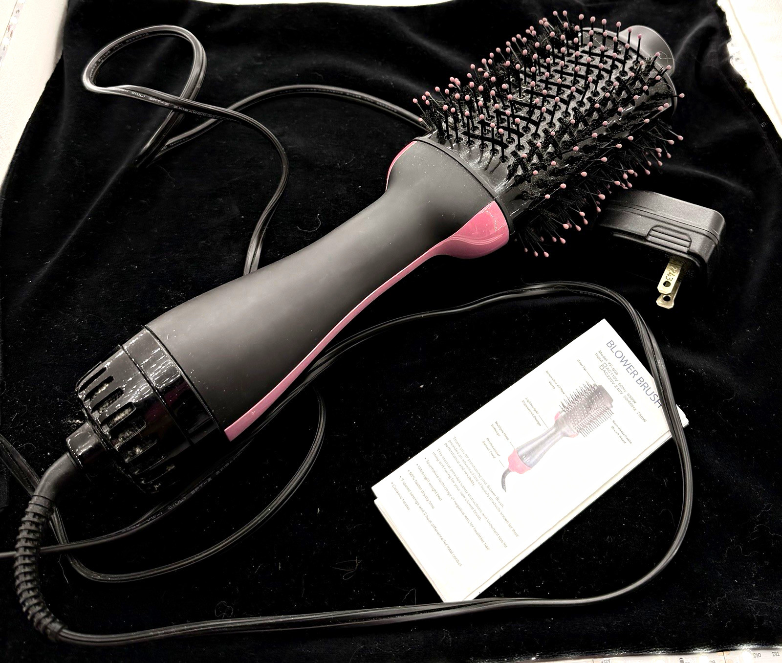 Electric Hot Air Brush Dryer Styler Round Brush, Black/Pink