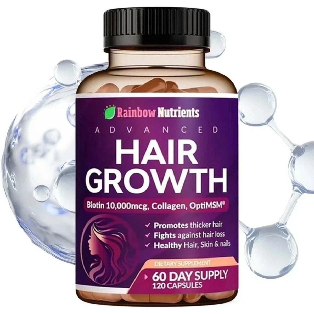 Rainbow Nutrients Advanced Hair Support – Biotin 10,000mcg+Collagen,120 Capsules
