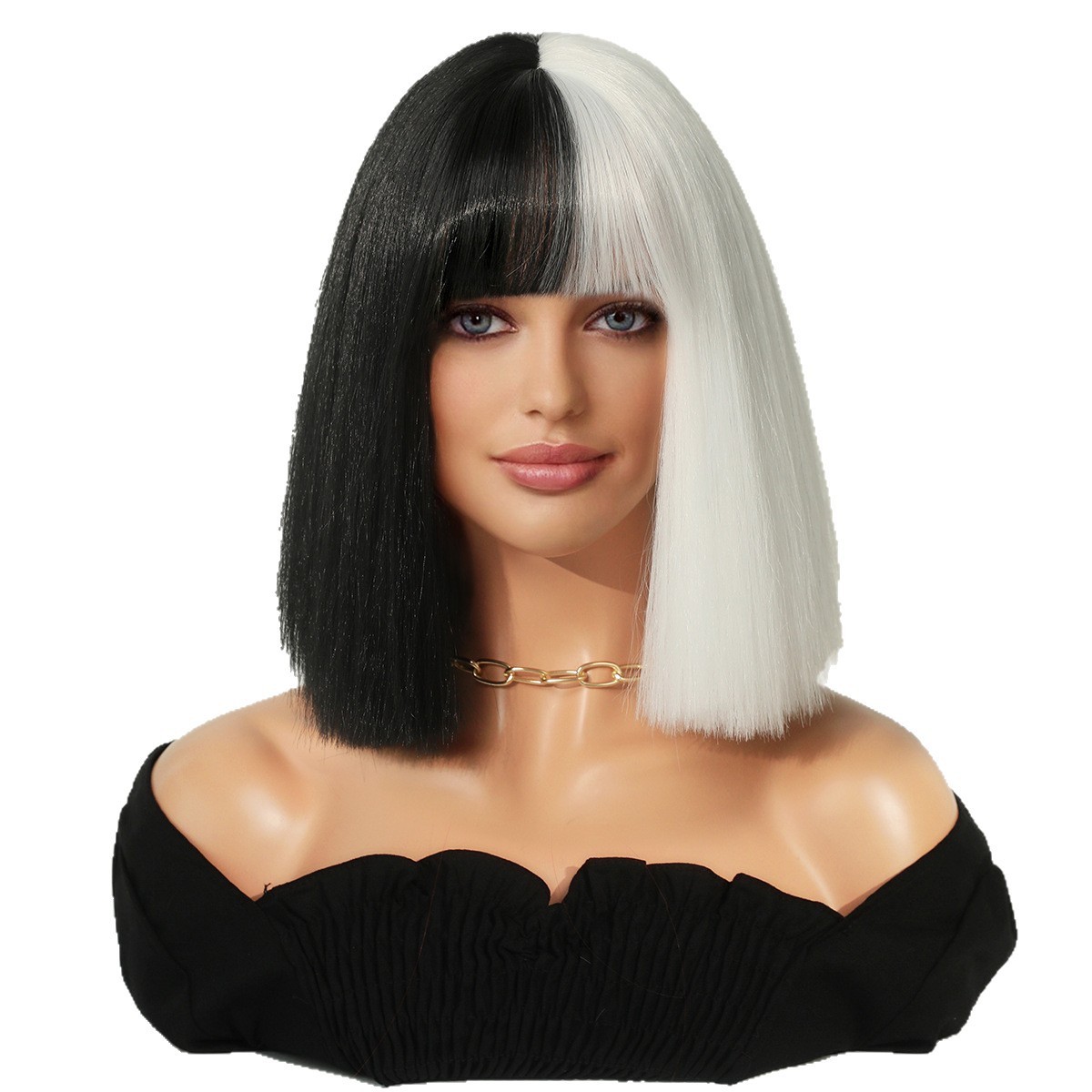13in Black White Cruella Bob Wig Two Tone Heat Resistant Synthetic Cosplay