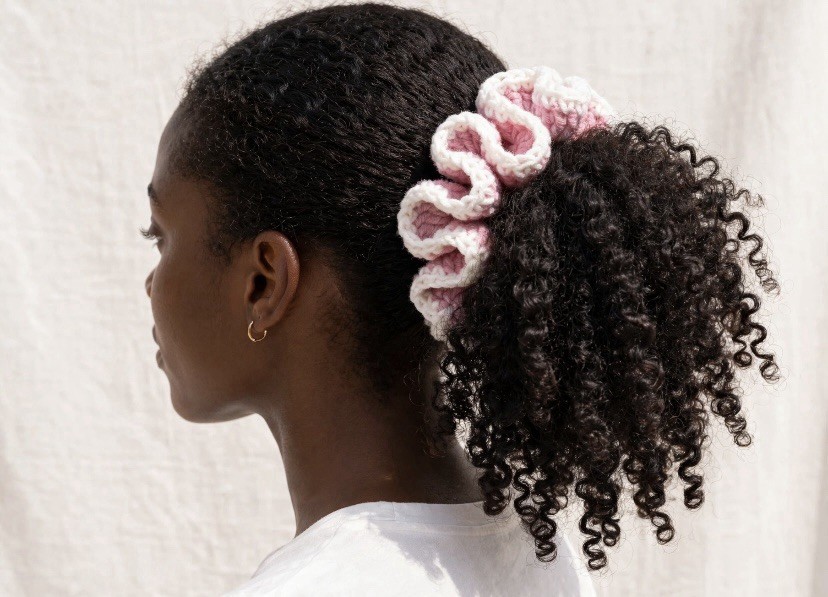 Handmade Crochet Ruffle Scrunchie Hair Tie, Multicolor Yarn, Women/Adult