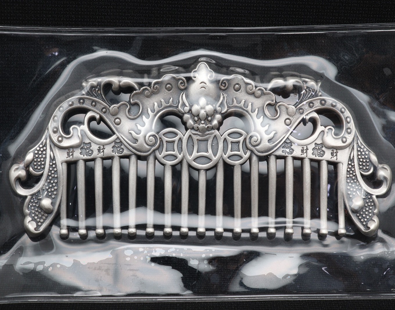 Pure S999 Fine Silver Comb Carved Health Ruyi Bat Fu Hair Comb 54-55g 3.7inch