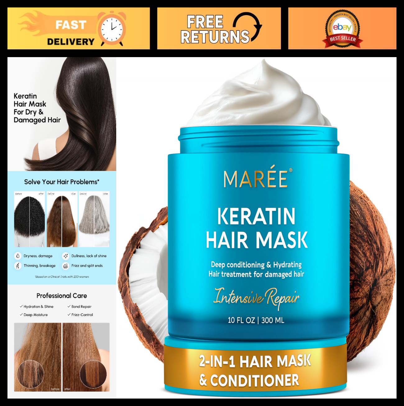 Deep Conditioning Hair Mask for Damaged Hair – Keratin Repair & Hydration 10oz
