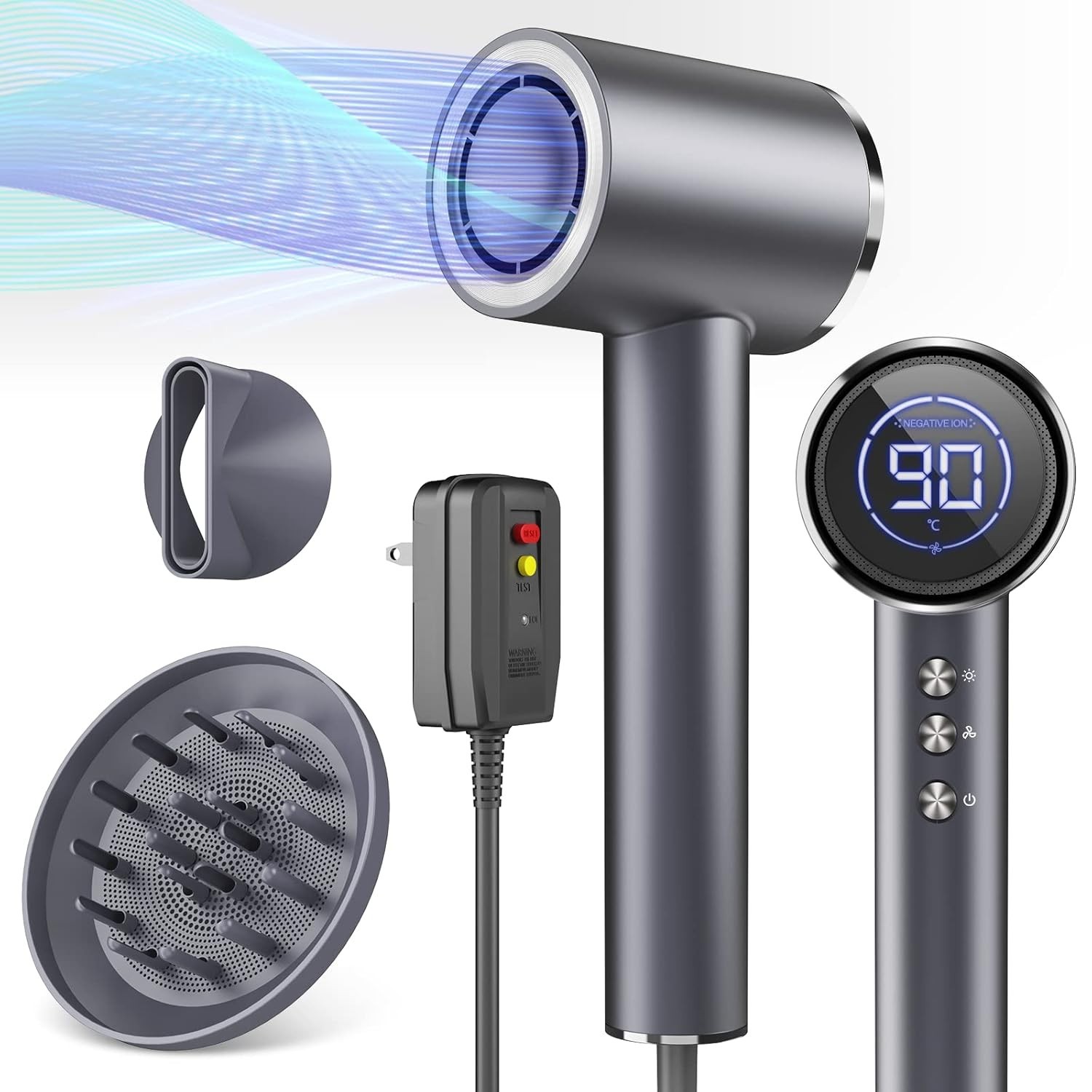 High-Speed Hair Dryer With Diffuser Negative Ions Magnetic Nozzle LED Display