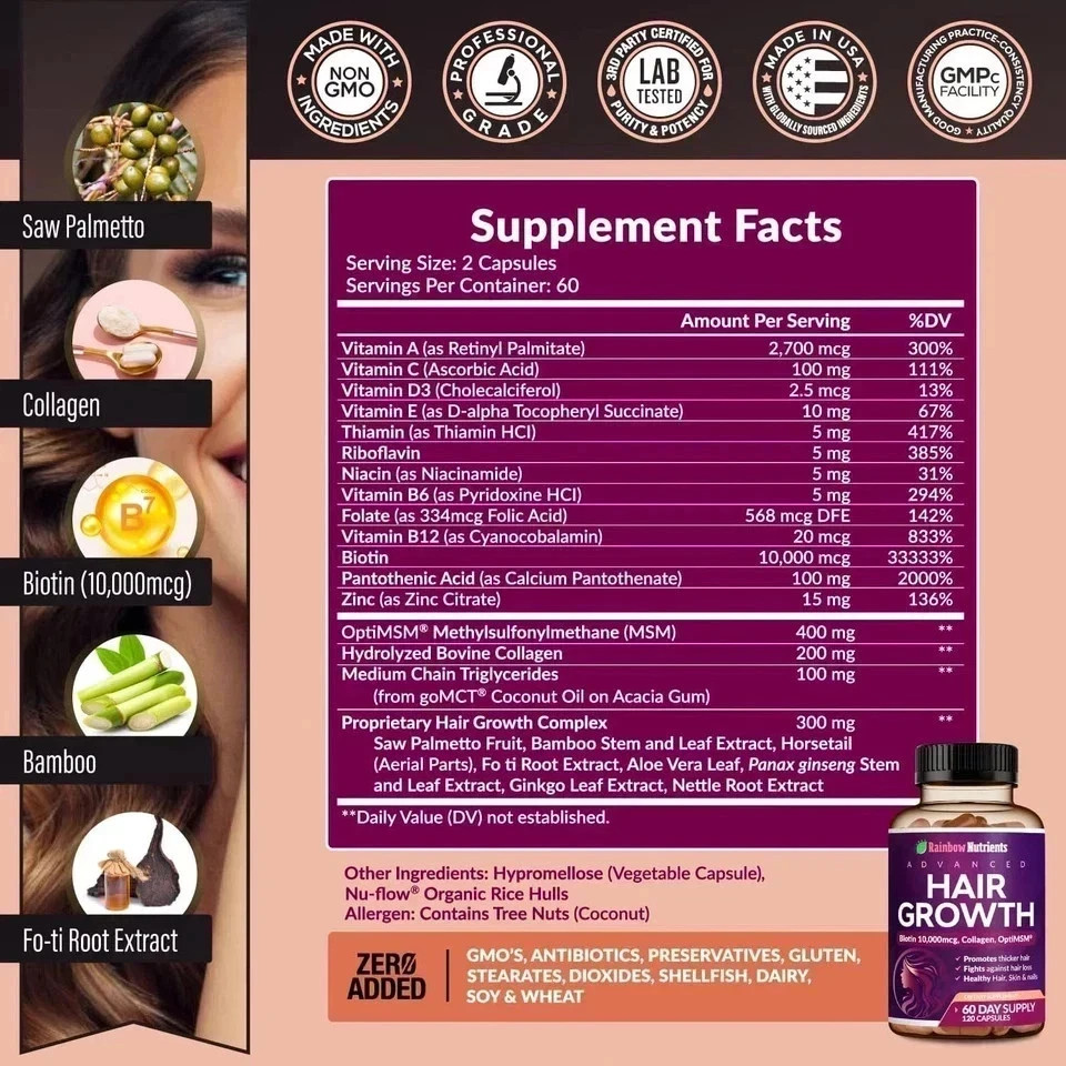 2 PACK NEW! Rainbow Nutrients Advanced Hair Growth- Prevent Hair Loss FREE SHIP