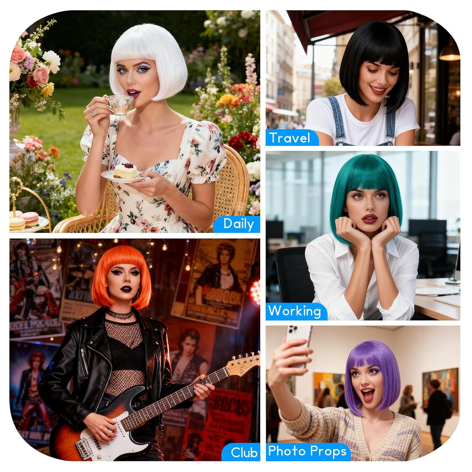 2 Pack Colored Bob Wigs and Heart Sunglasses Set, Blue Hot Pink Short Straight B