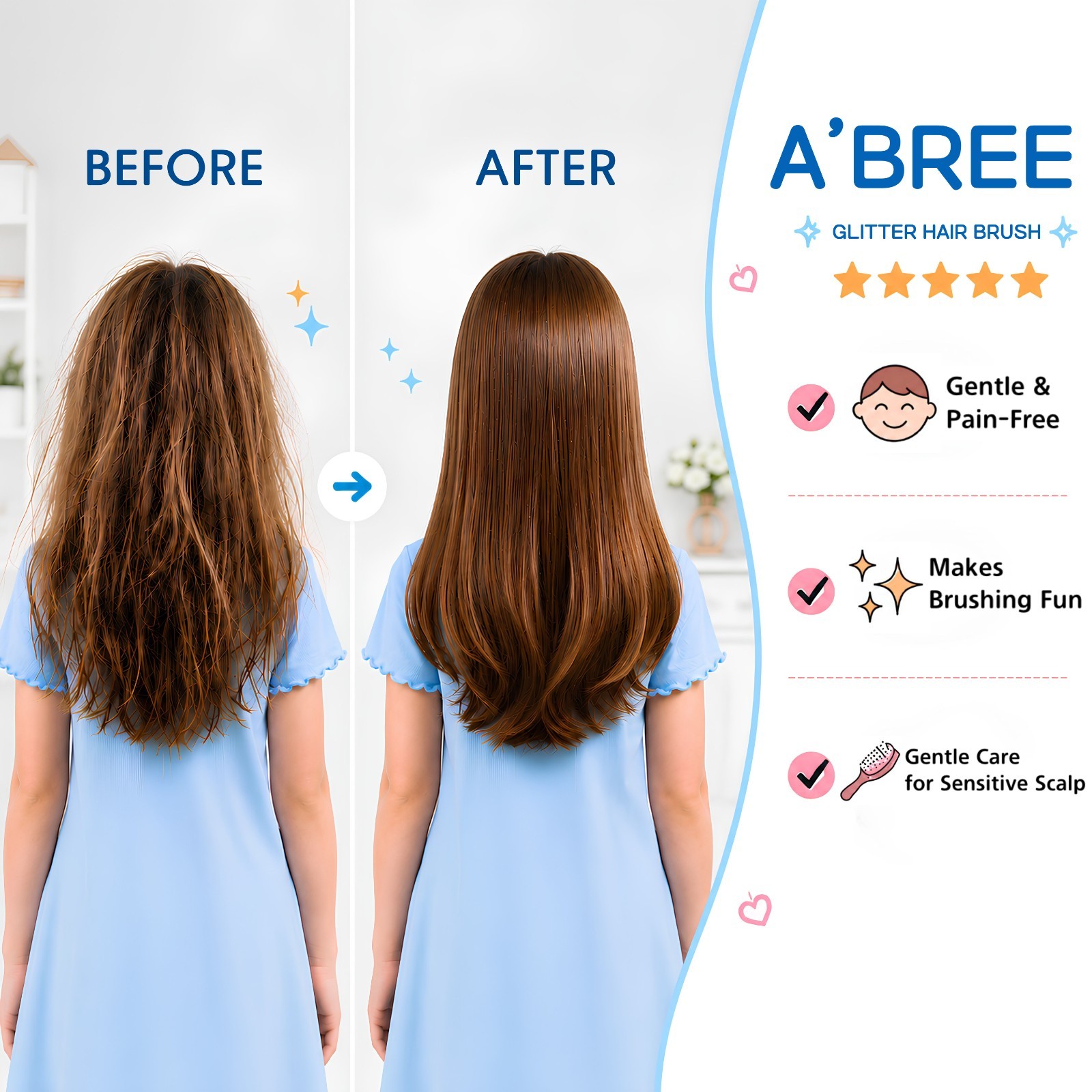 A’BREE Mini Glitter Detangling Hair Brush for Kids Girls Women_Ocean Blue