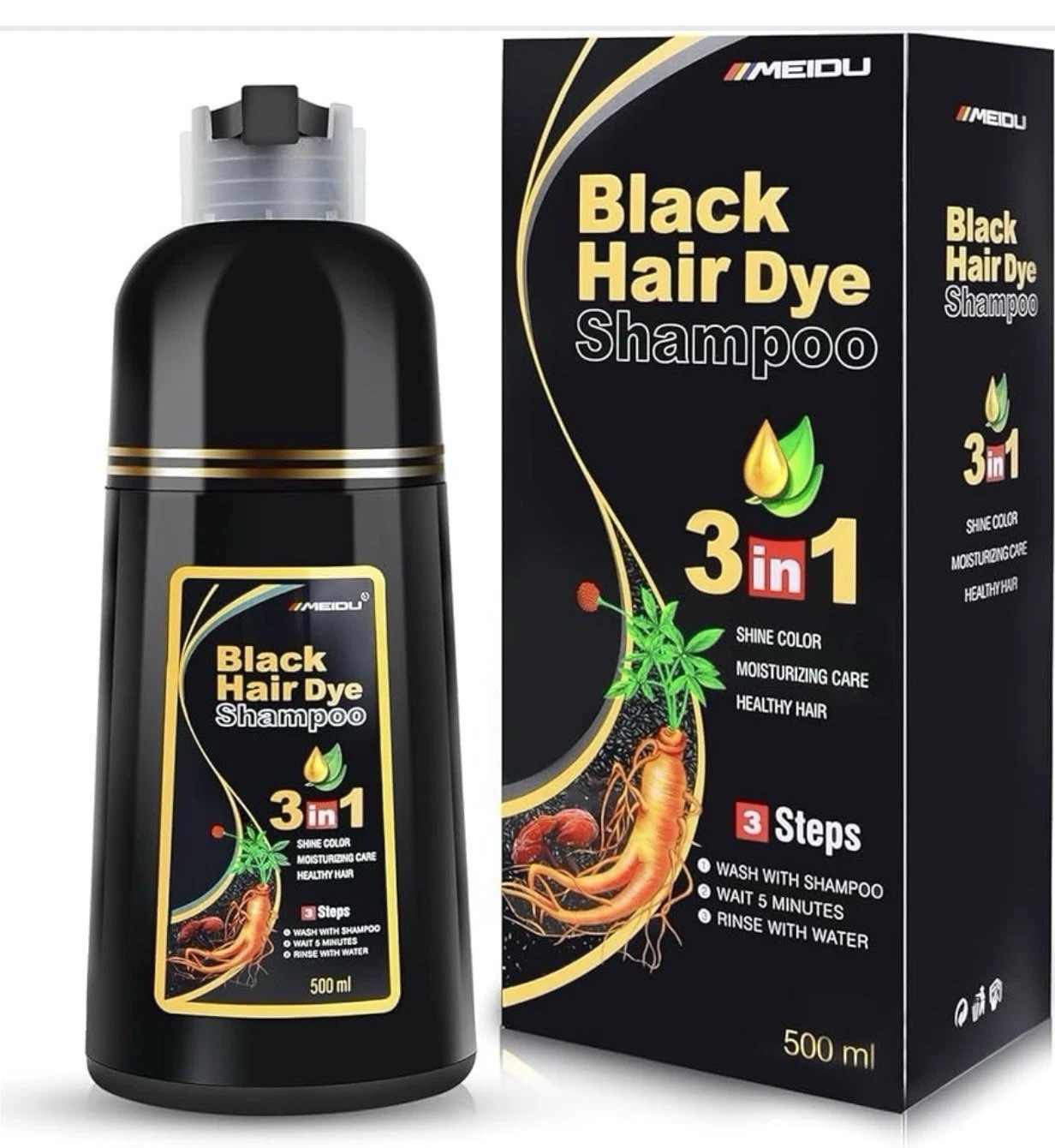 MEIDU 3-in-1 Black Hair Dye Shampoo Moisturizing Shine, All Hair Types 500ml