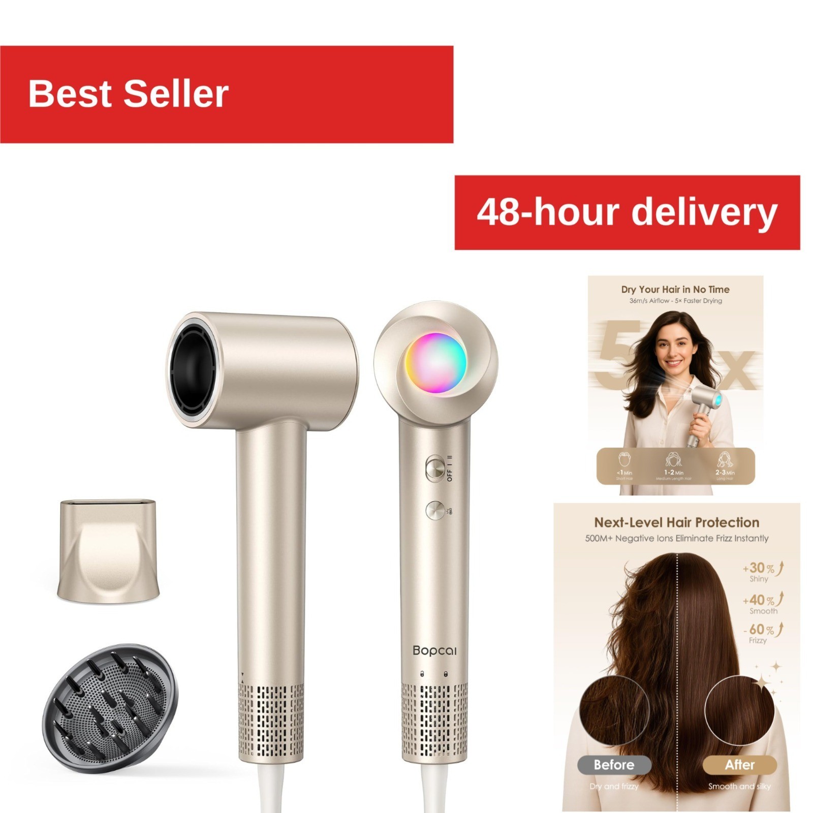 Bopcal 1500W High-Speed Ionic Hair Dryer with Diffuser – Gold
