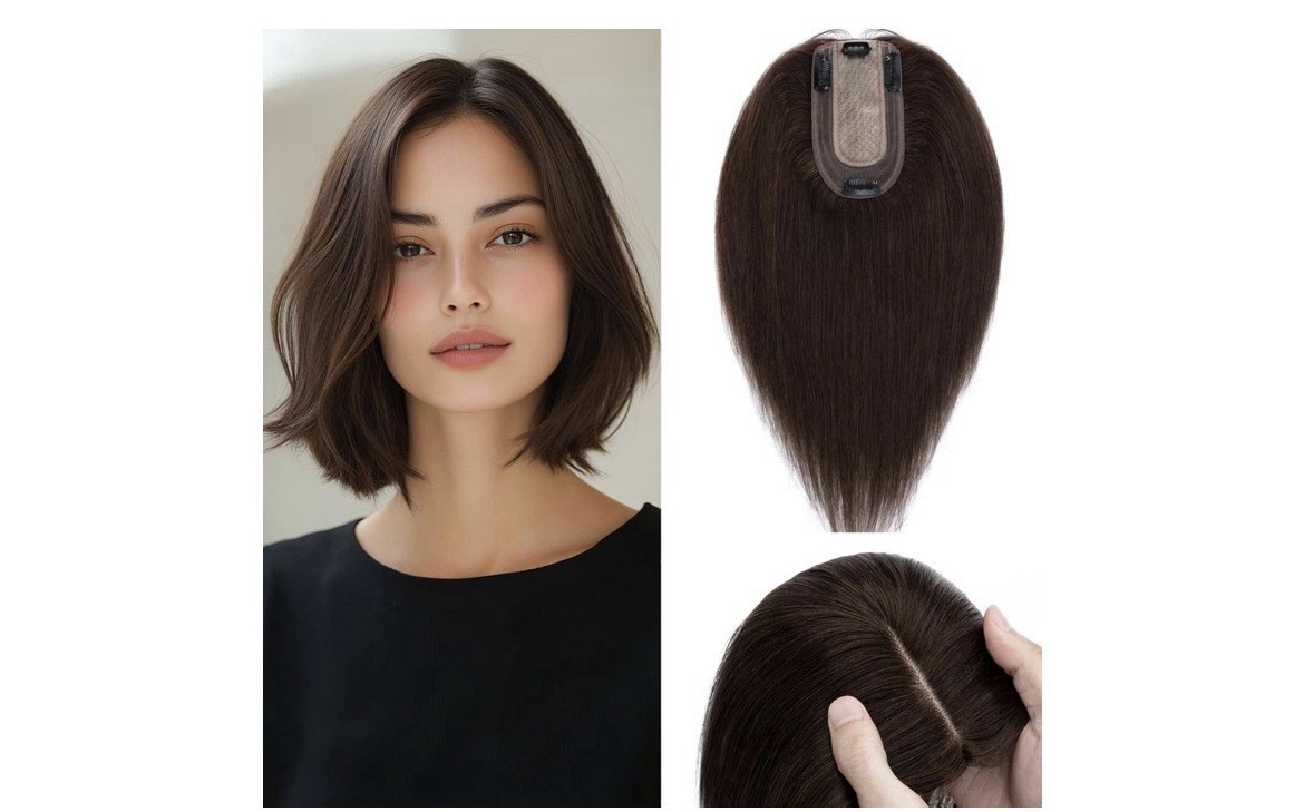 10” Remy Human Hair Topper, Silk Top Clip In, 2B Dark Brown, No Bangs