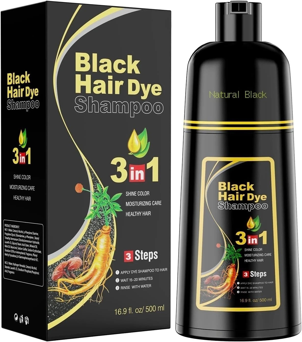 Black Hair Dye Shampoo 3 in 1 Instant Color Herbal Ingredients for Men/Women US