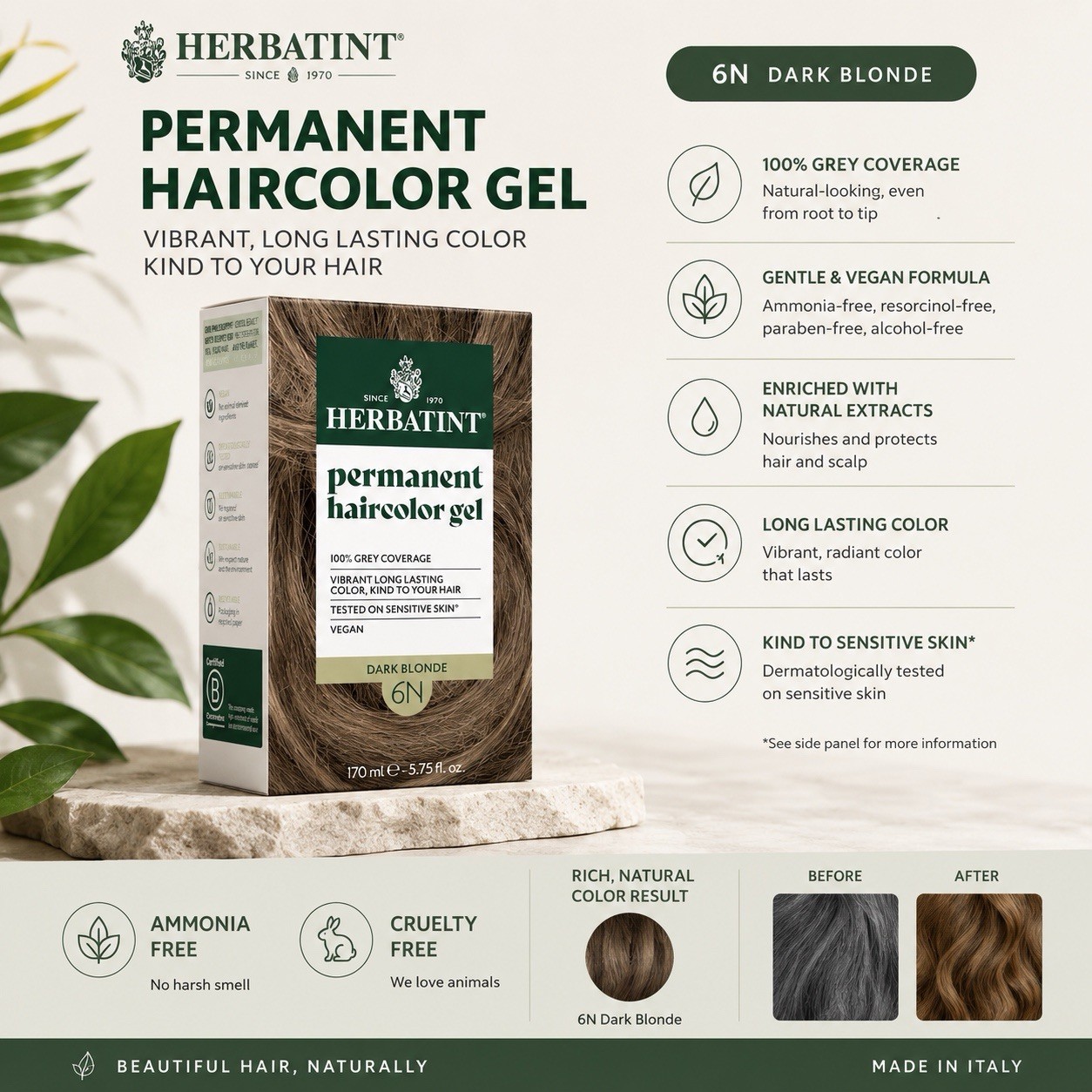 Herbatint Permanent Hair Dye 6N – Dark Blonde Ammonia-Free – Pack of 3