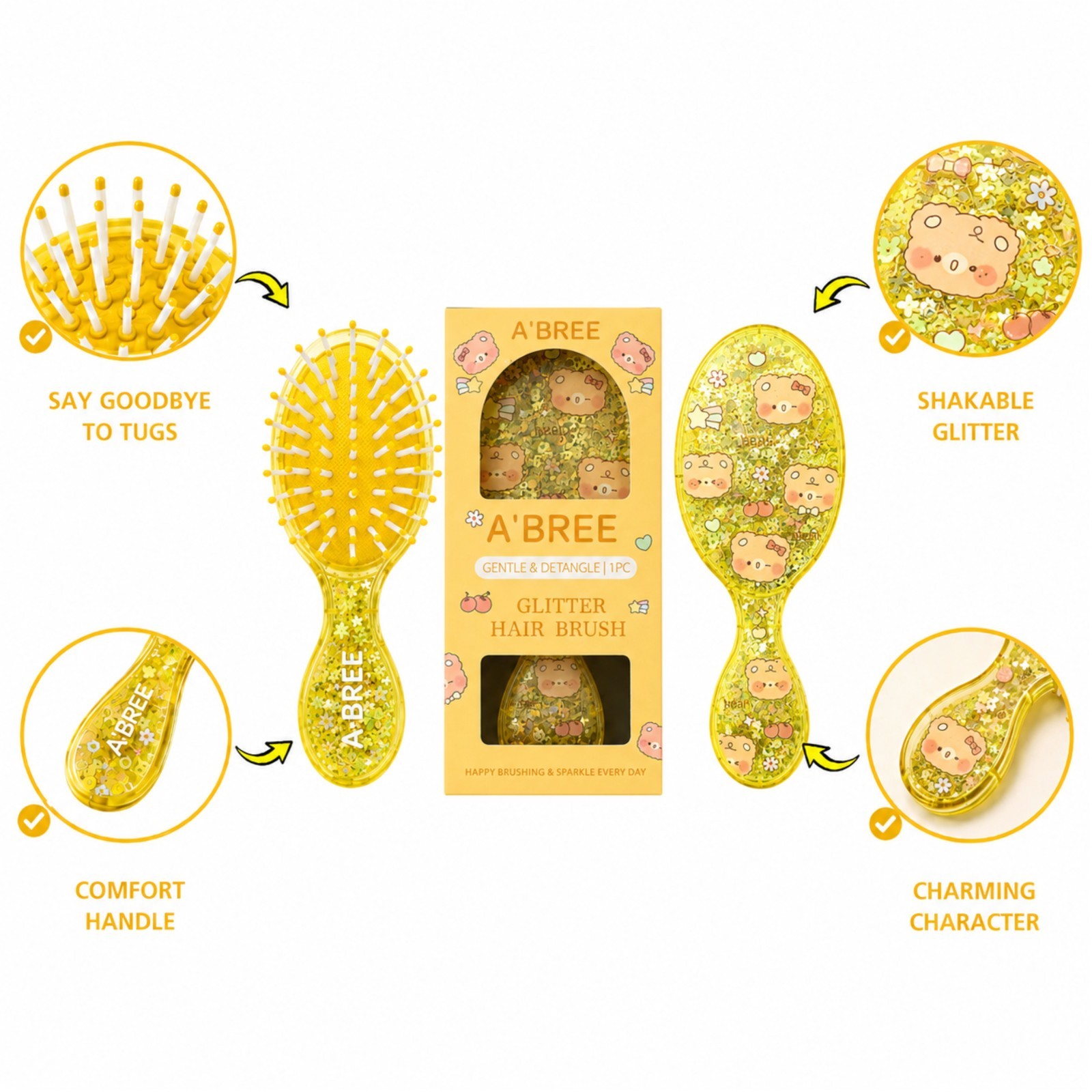 A’BREE Mini Glitter Detangling Hair Brush for Kids Girls Women_Sunny Yellow