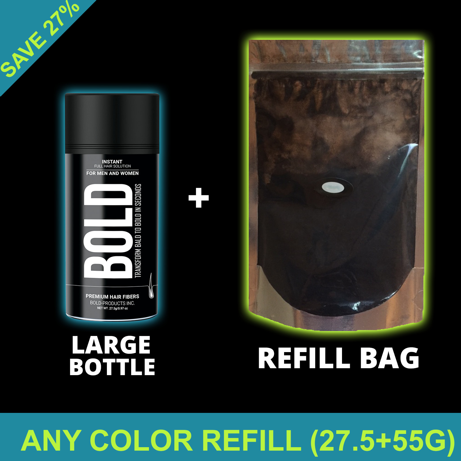 BOLD Dark Brown Black Medium Brown Gray 27.5g Hair Building Thickening Fibers US