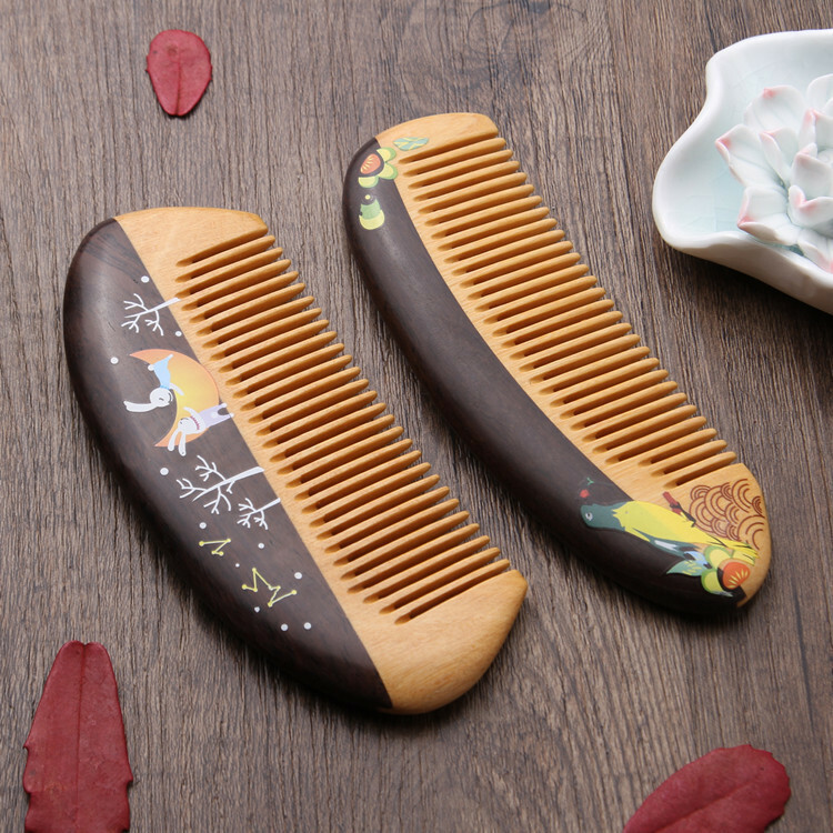 2pcs China Sandalwood Splicing boxwood Painted animals Antistatic Wood comb