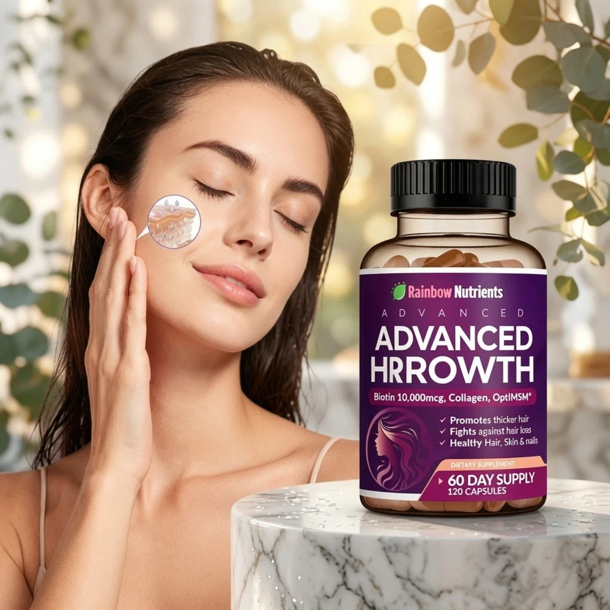 Rainbow Nutrients Advanced Hair Support – Biotin 10,000mcg+Collagen,120 Capsules