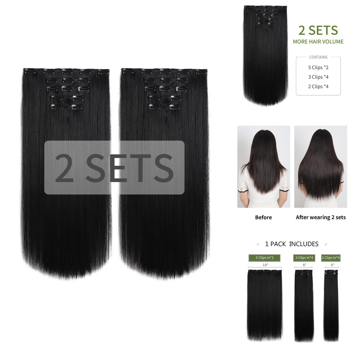 HSPJHTM Black Hair Extension 22″ Straight 2 Sets 5 PCS Clip In