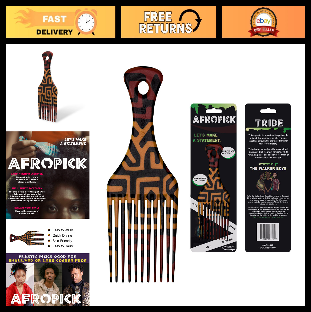 Anti-Static Plastic Afro Pick Comb for Curly Thick Hair – Unisex Hair Tool, Trib