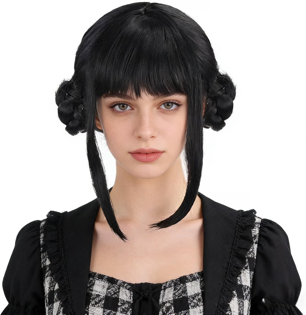 Black Short Wig with bangs. Buns. Synthetic. Halloween Wig