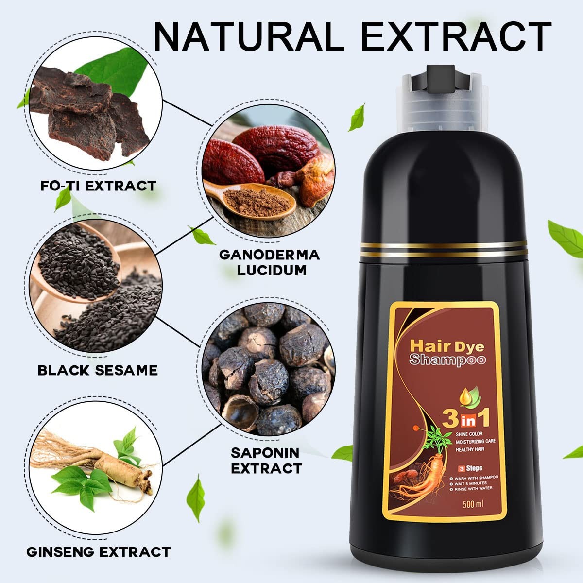 3 in 1 Hair Dye Shampoo 500ml Dark Brown Hair Color Shampoo Instant Hair Dye