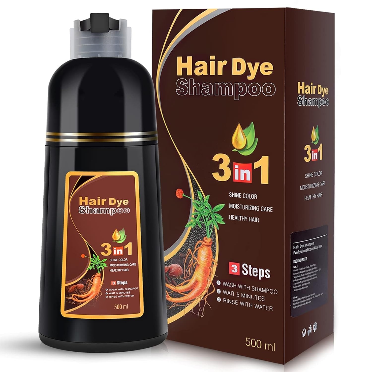 Black Hair Dye Shampoo 3 in 1 for Women/Men for Gray Coverage Instant Hair Color