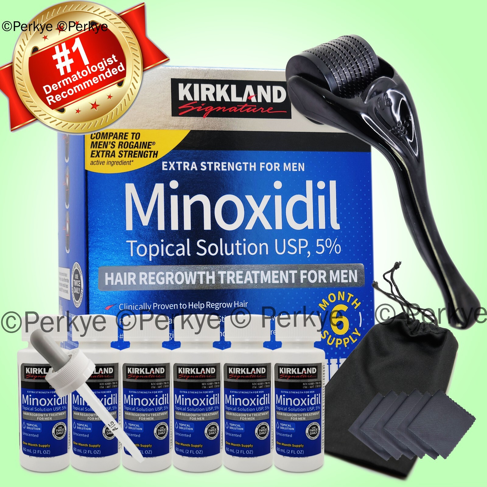 Kirkland Minoxidil 5% 6 month supply with Free Derma roller, Pouch and Wipes