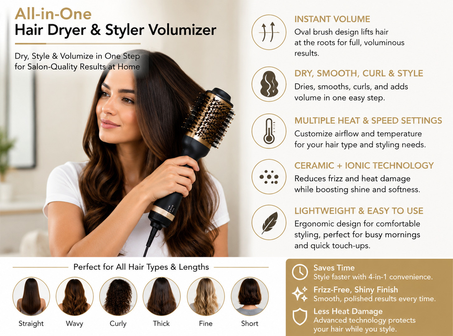 Gold Hair Dryer Brush Blow Dryer Brush in One, 4 in 1 Styling Tools Blow Dryer
