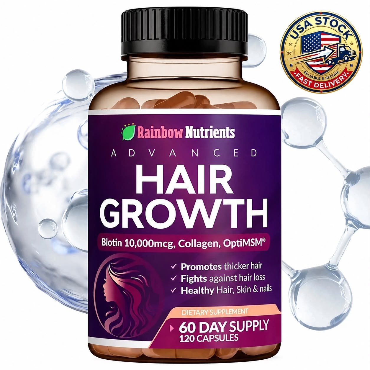 Rainbow Nutrients Advanced Hair Support – Biotin 10,000mcg+Collagen,120 Capsules