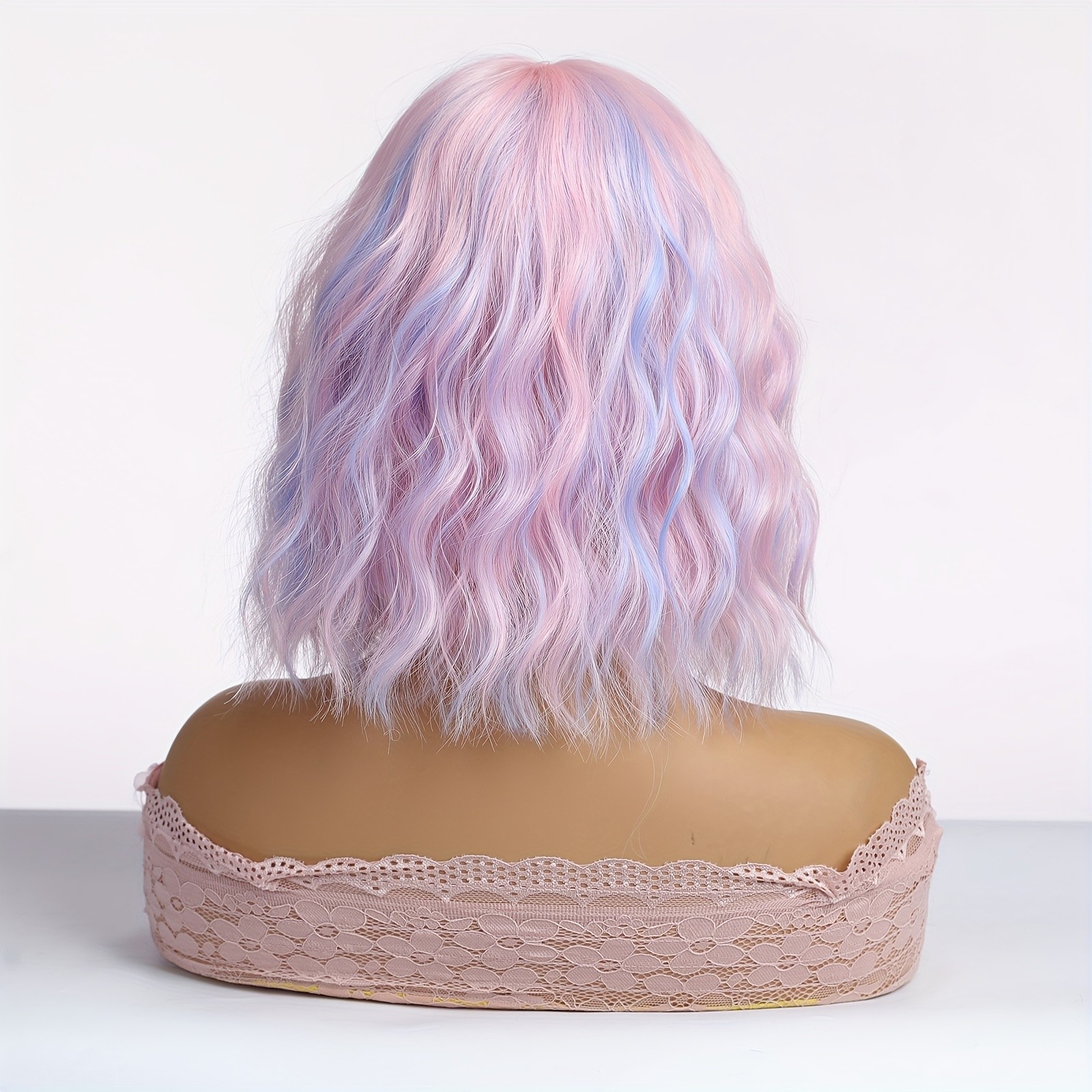Pink And Purple Highlights Bob Wig with Bangs Short Curly Bob Wig Daily Party