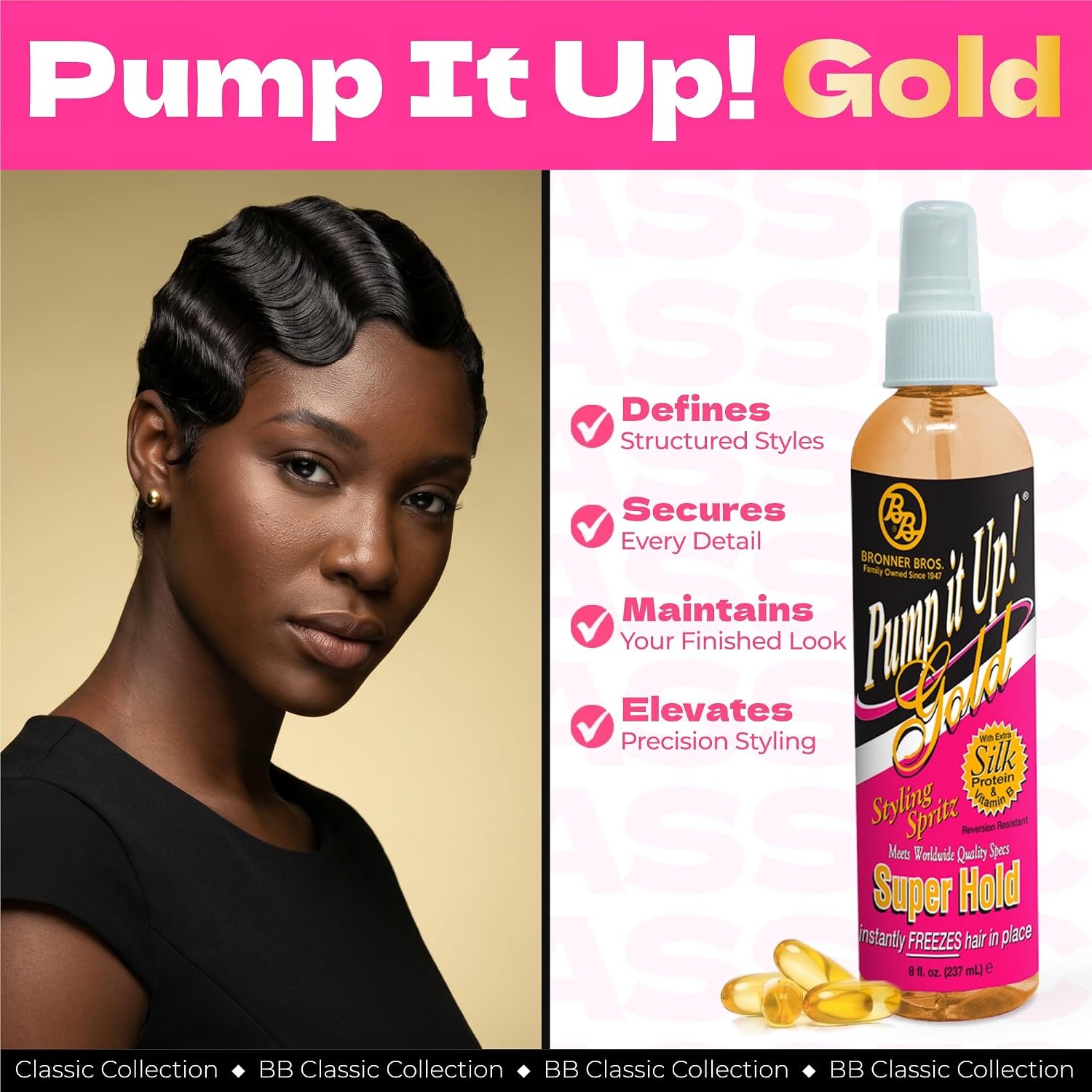 Bronner Bros Pump It Up Gold Styling Spritz Super Hold Hair Spray 8 oz New