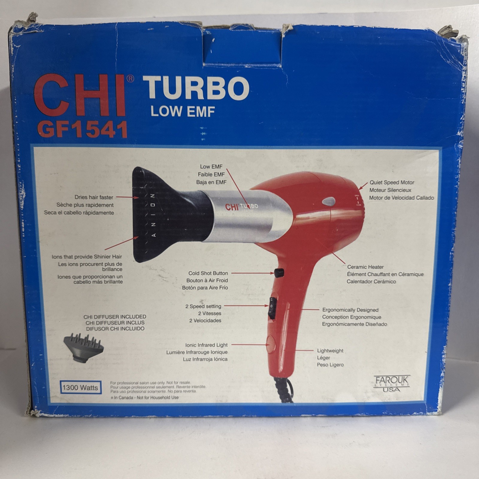 Chi Turbo Low EMF made in USA 1300 W hair dryer with diffuser ceramic,❤️❤️❤️❤️