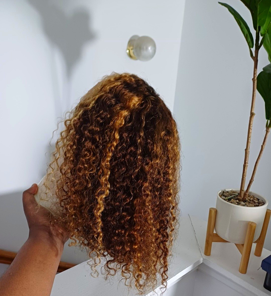 Curly Bob Lace Front Human Hair Wig 13in Dark Brown/Honey Blonde Free-Part