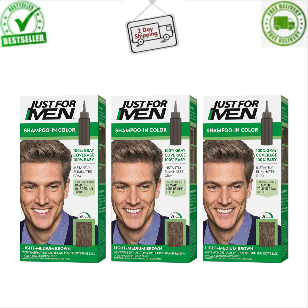 (3-Pack) Just For Men Shampoo-In Hair Color H-30 Light-Medium Brown Gray Dye