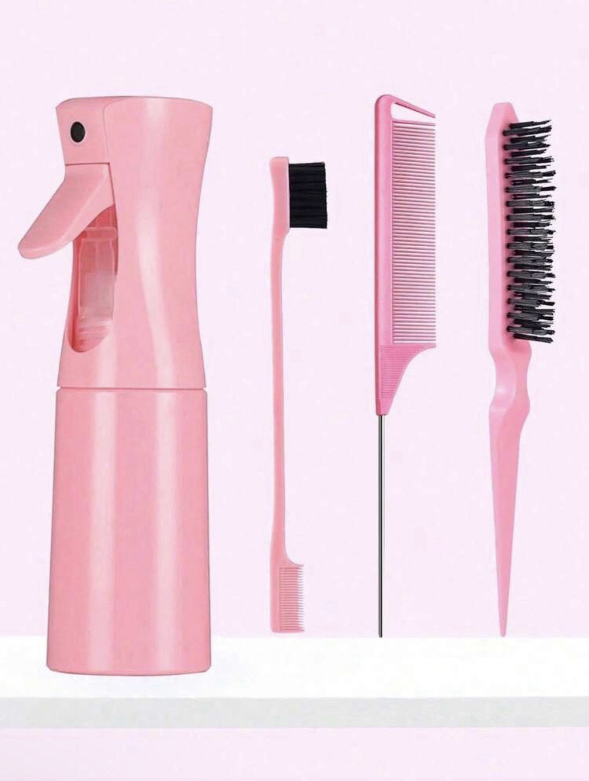 Mini Wonder 4-Piece Pink/Black Hair Styling Set w/ Spray Bottle Rat Tail Comb