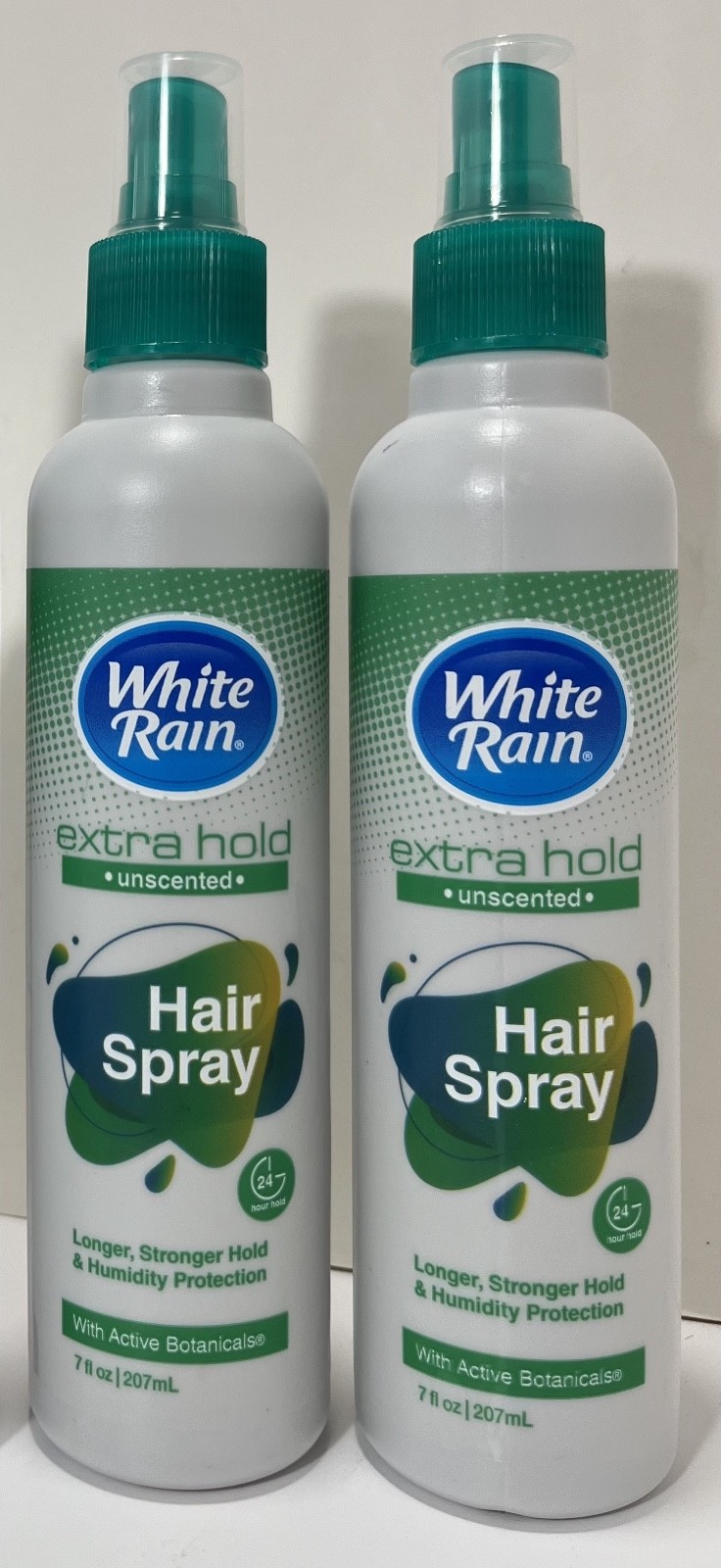 2x WHITE RAIN Extra Hold UNSCENTED Hair Spray 24 Hr. Hold Gluten-Free 7 oz. ea.