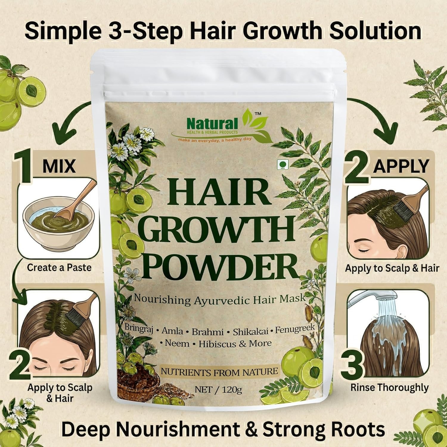 Natural Ayurvedic Hair Growth Powder 120g Herbal Hair Mask for All Hair Types