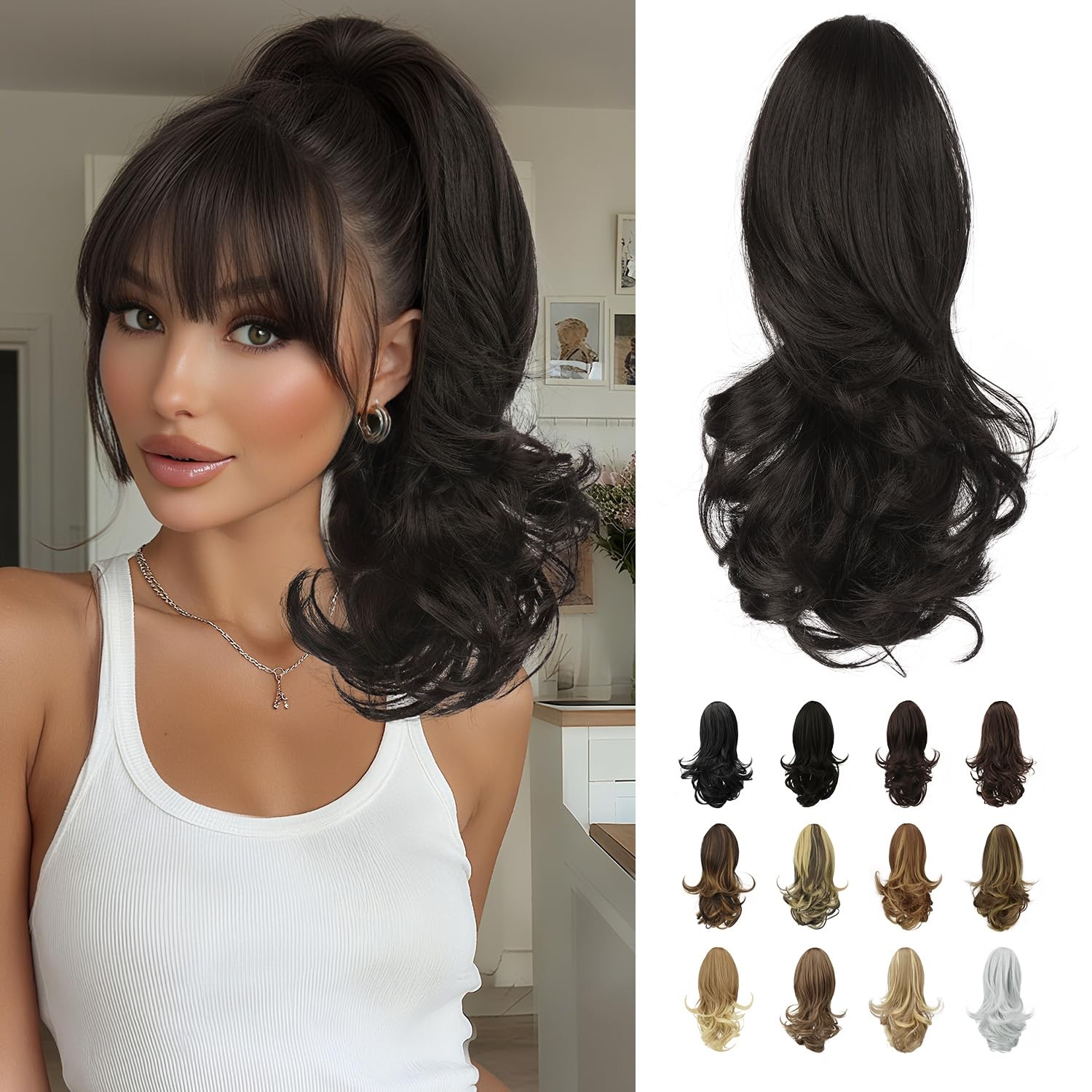 13″ Ponytail Extension Long Curly Ponytail Clip in Claw Hair Extension Natural