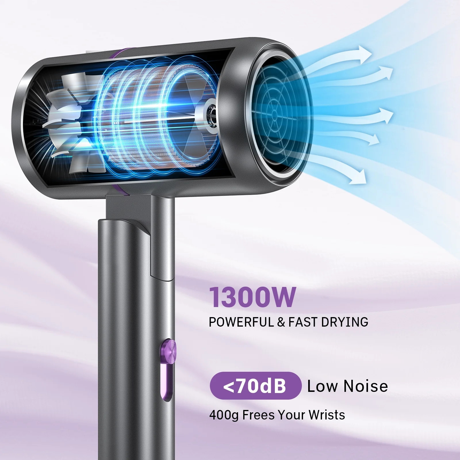 1300W Ionic Hair Dryer, Light Quiet, for All Hair Types Salon Travel with Nozzle
