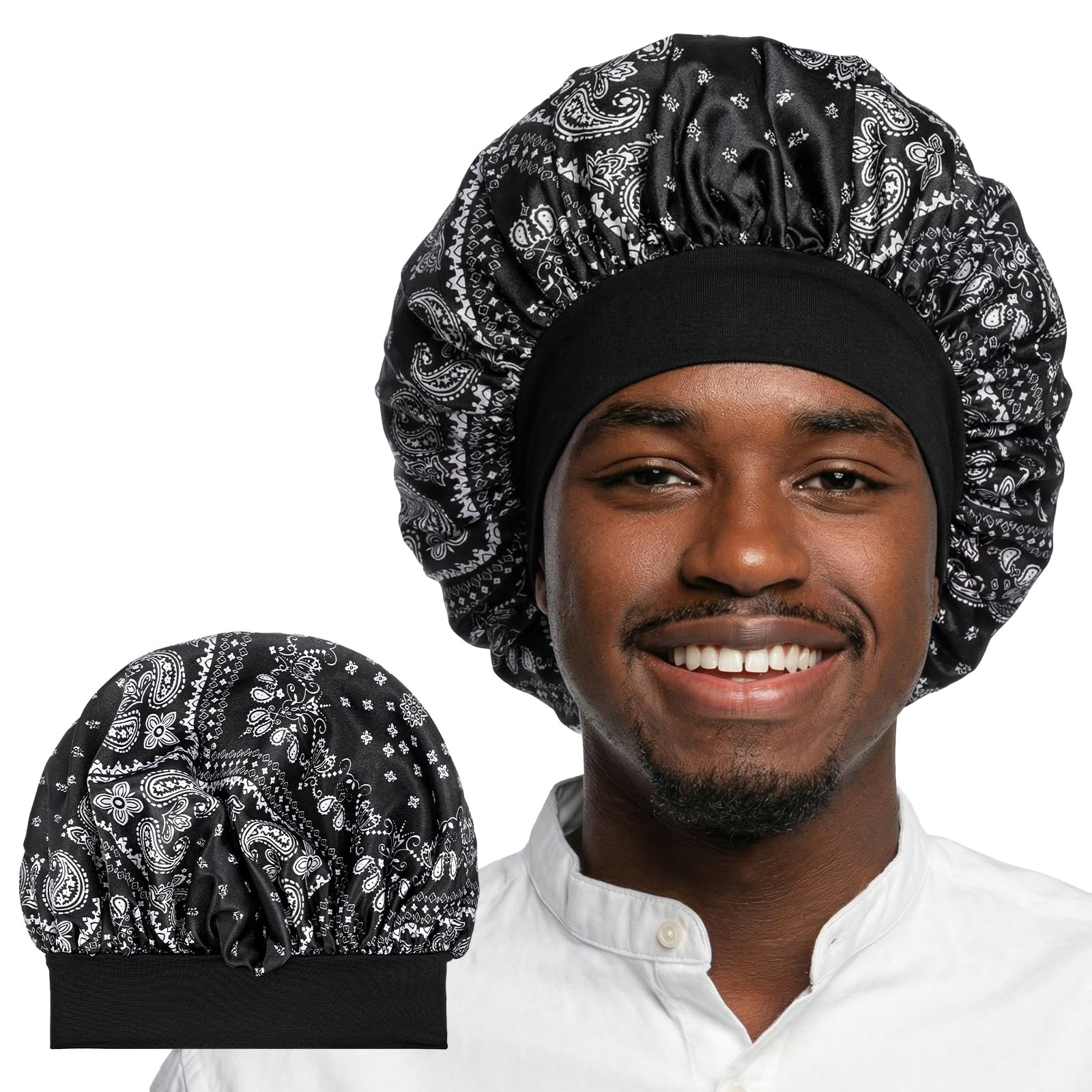 WLLHYF Silk Bonnet for Men, Satin Elastic Band One Size, Amoeba Black