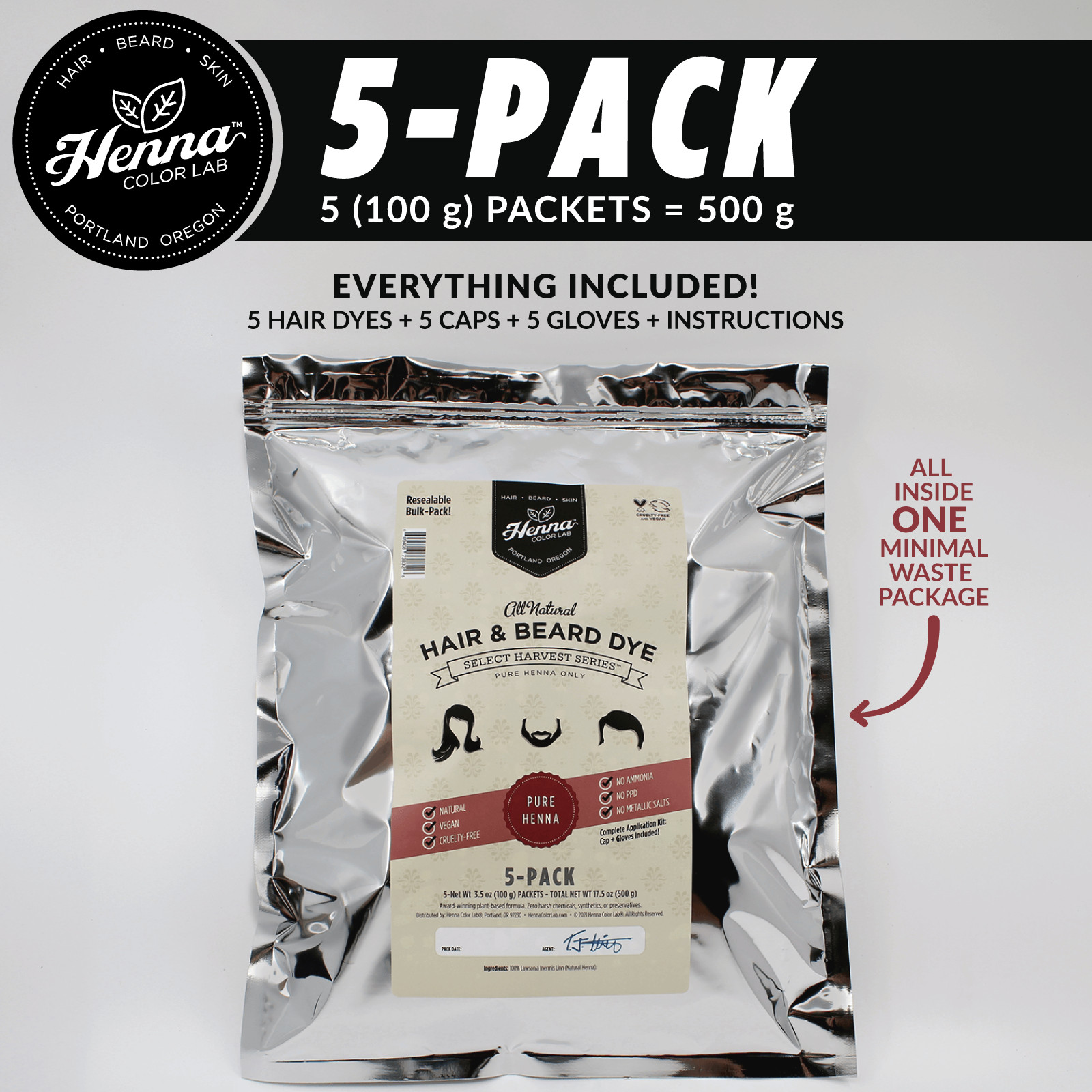 PACK OF 5 Pure Henna Hair & Beard Dye | 100% Natural | Henna Color Lab